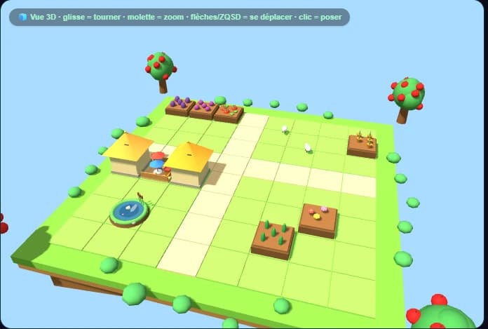 Le potager en 3D : cultures, arbres, bassin et bâtiments